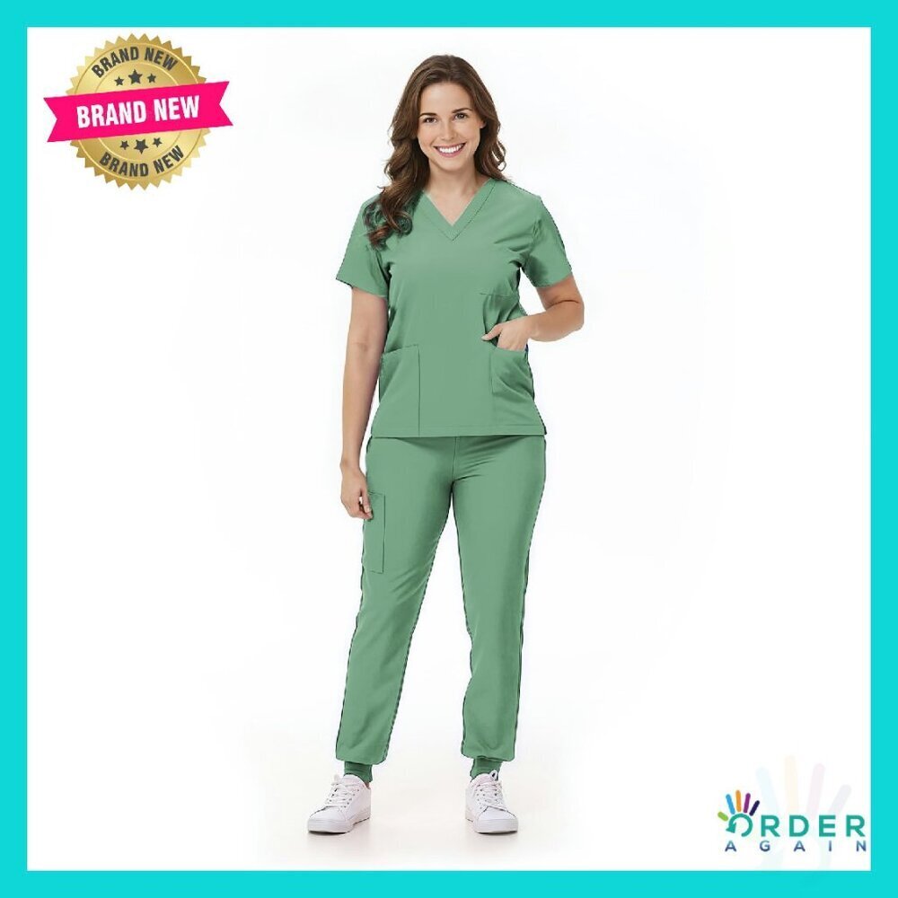 V-Neck Scrub Top Jogger Pants Set Professional Workwear Multi Pocket